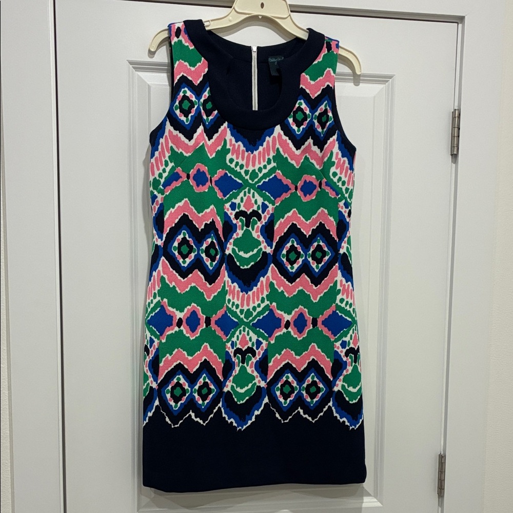 Gabby Skye Navy Shift Dress with Pink, Green & White Geometric Print
